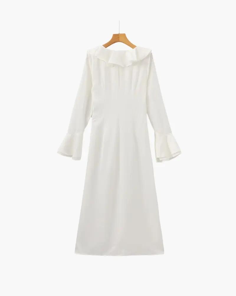 Pearl Button Ruffle Midi Dress Old Money Women