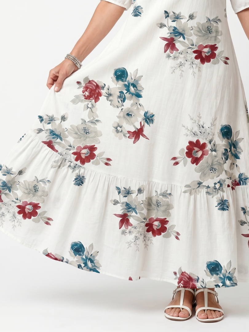 Maeva | Robe Midi à Fleurs Dispersées avec Franges