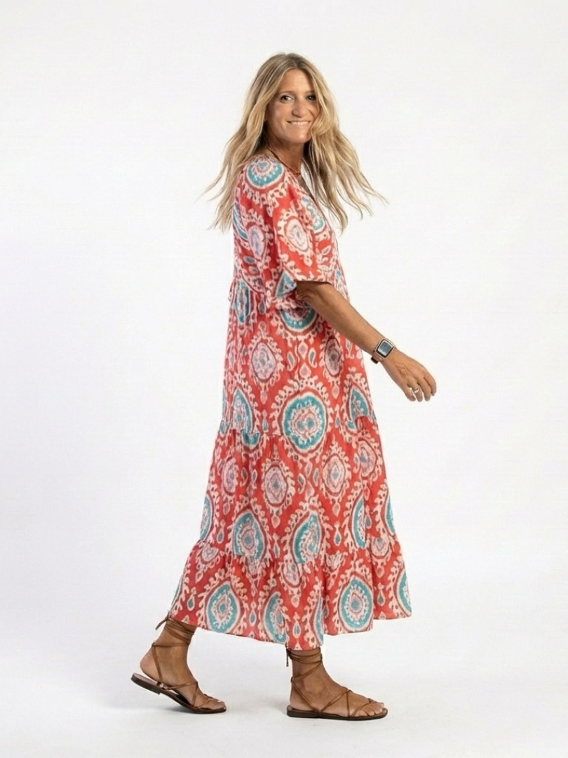 Zaria | Robe midi à manches courtes avec imprimé paisley en V