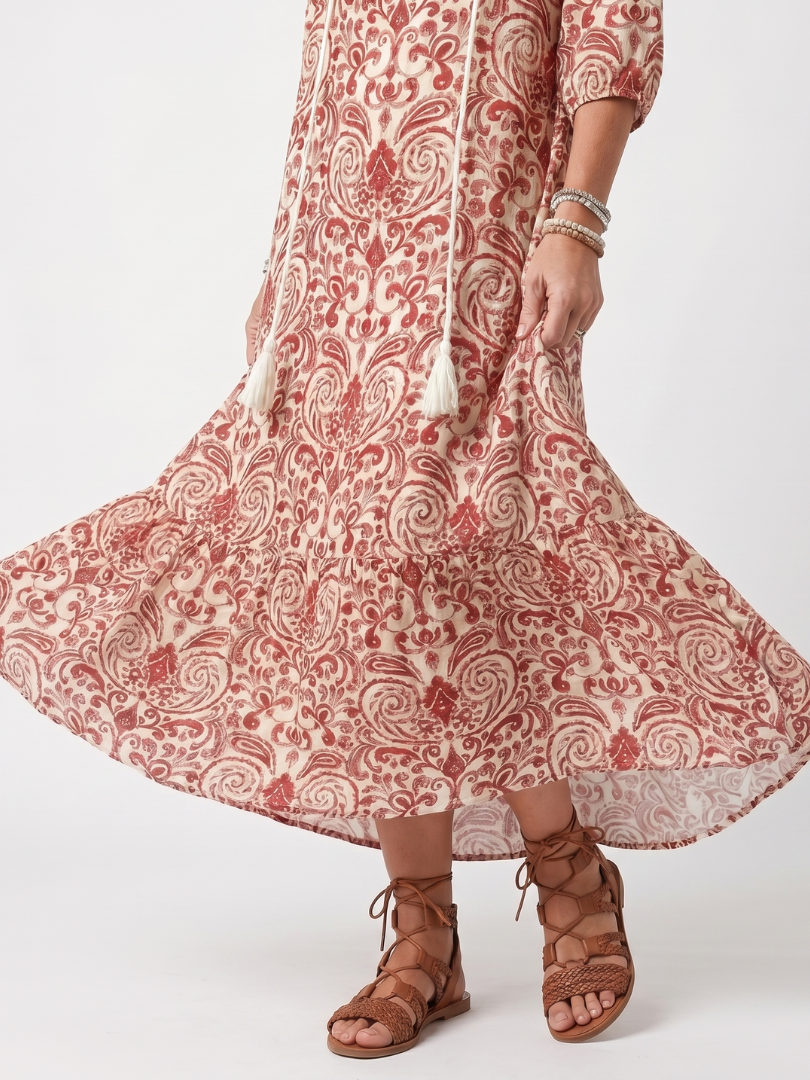 Noelle | Robe Midi à Motif Ornamental avec Franges et Liens