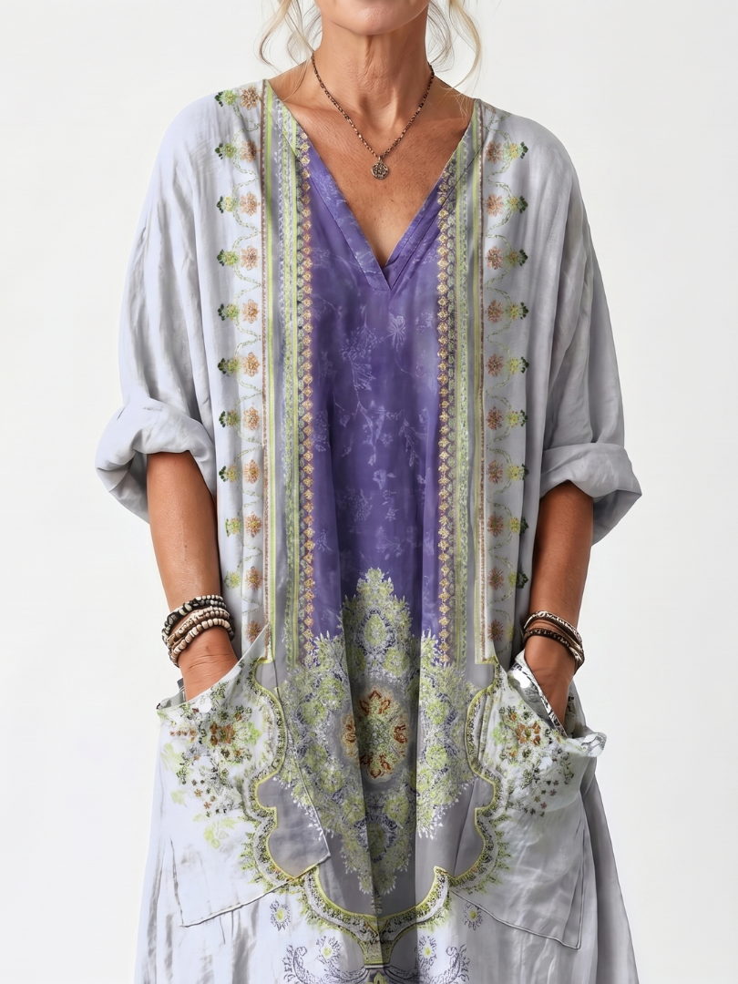 Raina | Robe midi oversize avec poches et panneau brodé contrastant