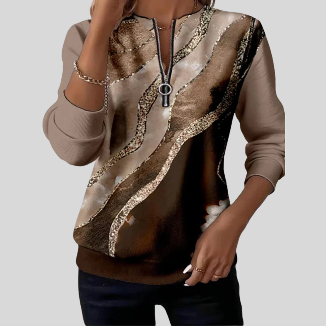 Sweat-shirt à col zippé artistique Danoir Paris Verona, en coton gris avec motif créatif, porté sur mannequin.
