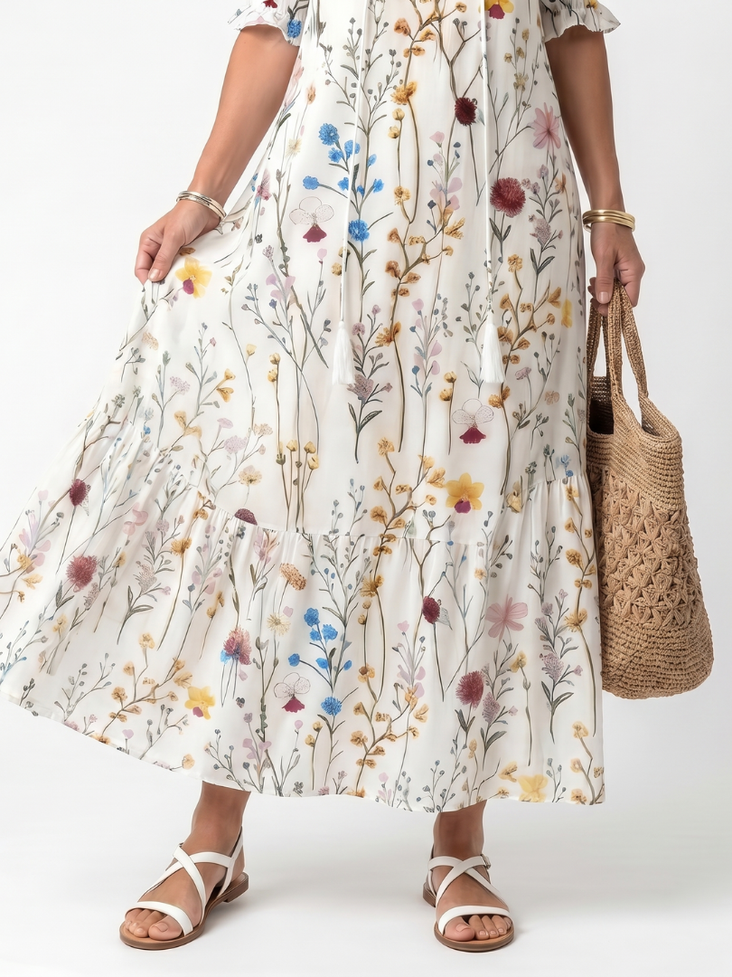 Sylvie | Robe Midi à Motif Botanique avec Franges
