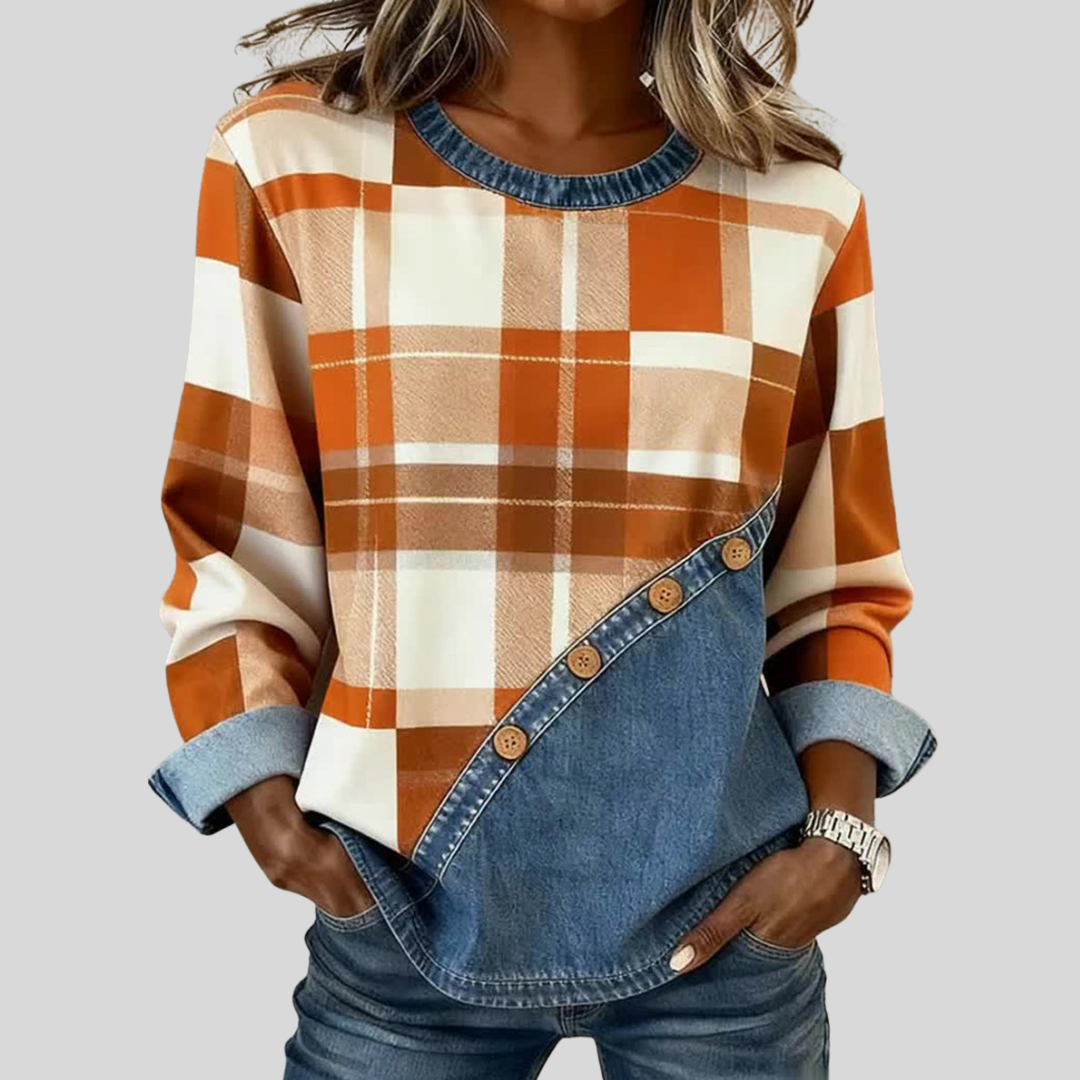 Haut à manches longues Charlene de Danoir Paris en patchwork, montrant le tissu coloré et le design tendance.