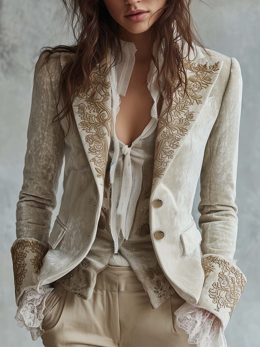 Blazer à manches longues Danoir Paris Constance en ivoire brodé, tailleur élégant pour femme.