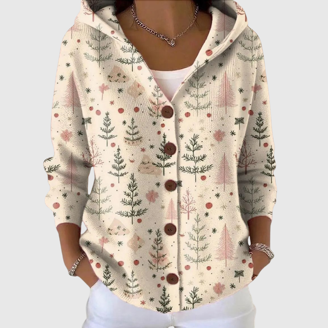 Cardigan confort à capuche en maille Danoir Paris porté, doux et chaud, avec capuche ajustable et poches latérales.