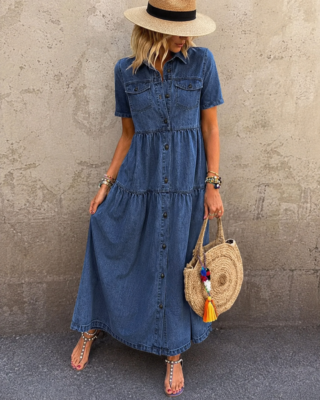 Robe midi en jean Grace de Danoir Paris avec boutons, coupe élégante et décontractée, portée sur un mannequin.
