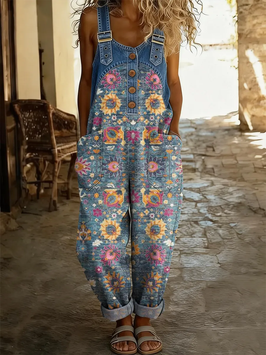 Faye | Salopette en jean patchwork à imprimé floral