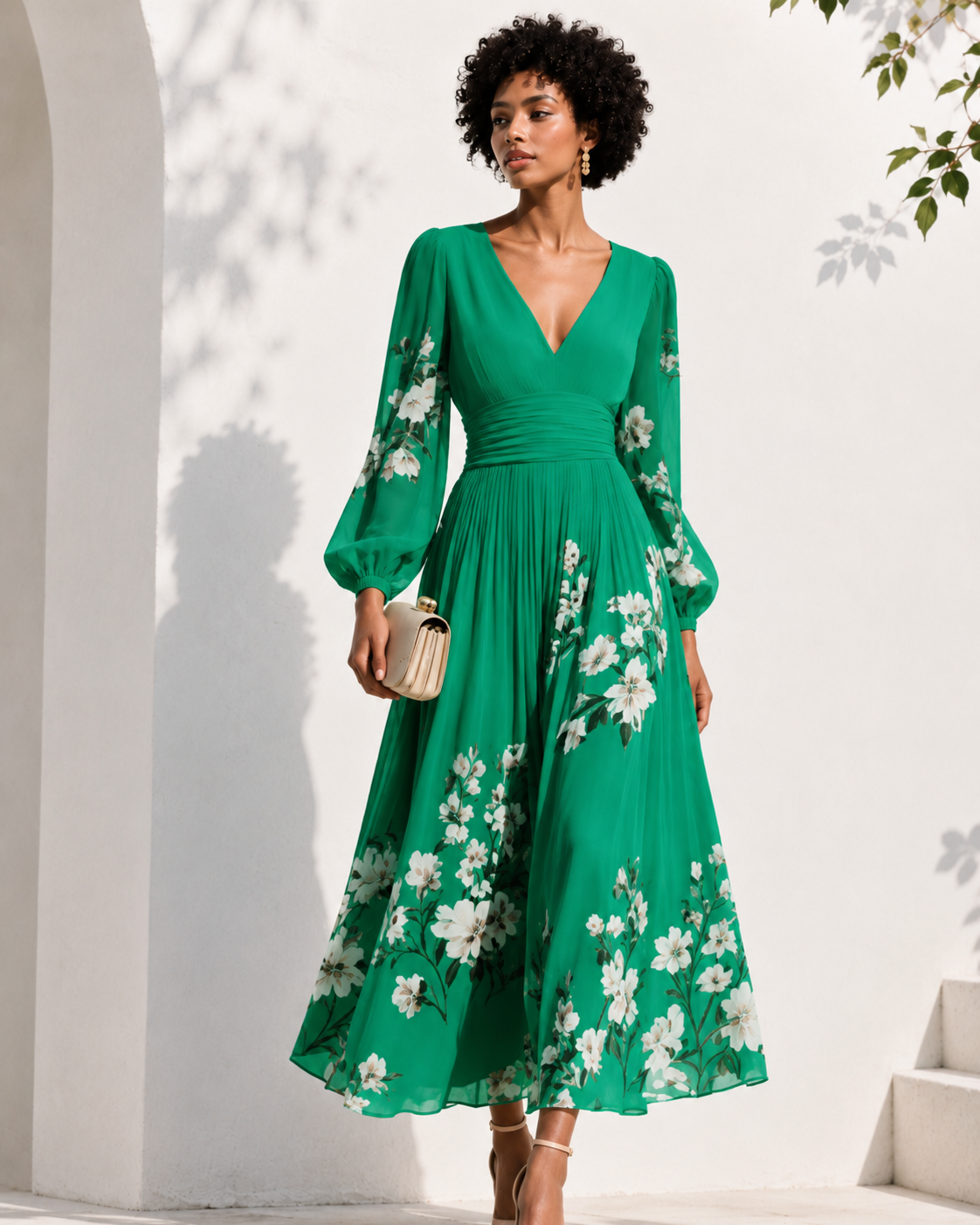 Robe longue élégante pour femme Danoir Paris avec décolleté en V profond et manches longues, tissu fluide et sophistiqué.