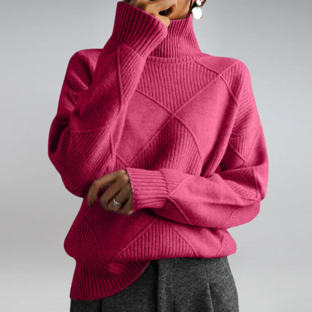 Pull en cachemire Danoir Paris Lauren, luxueux à col montant, en cachemire doux et chaud, porté sur un mannequin.