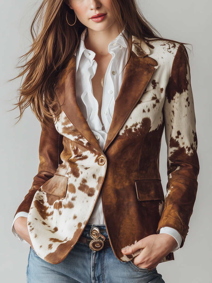 Blazer vintage Agathe imprimé vache écologique de Danoir Paris, coupe élégante et tissu durable, porté sur un mannequin.