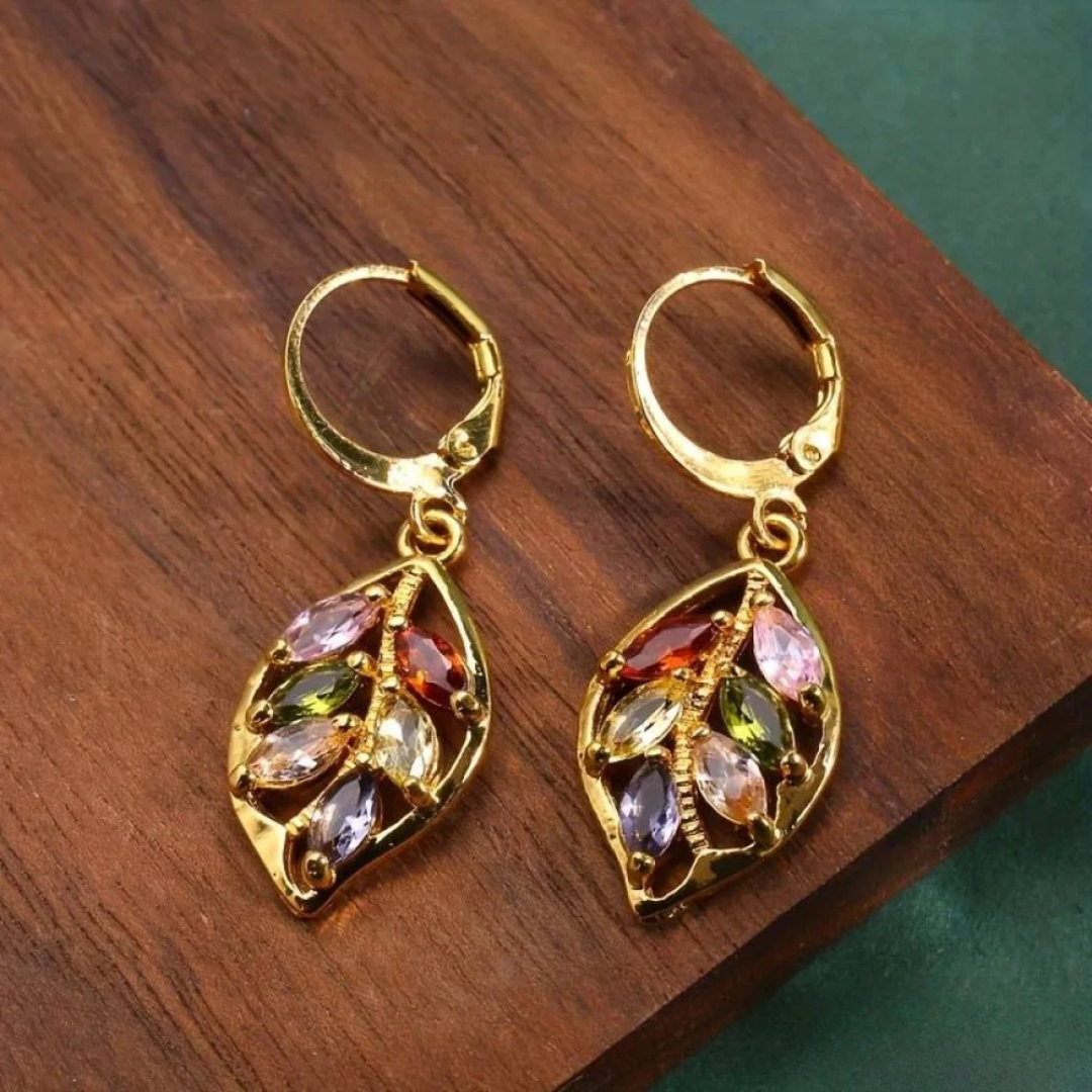 Boucles d'oreilles vintage multicolores en forme de feuilles dorées