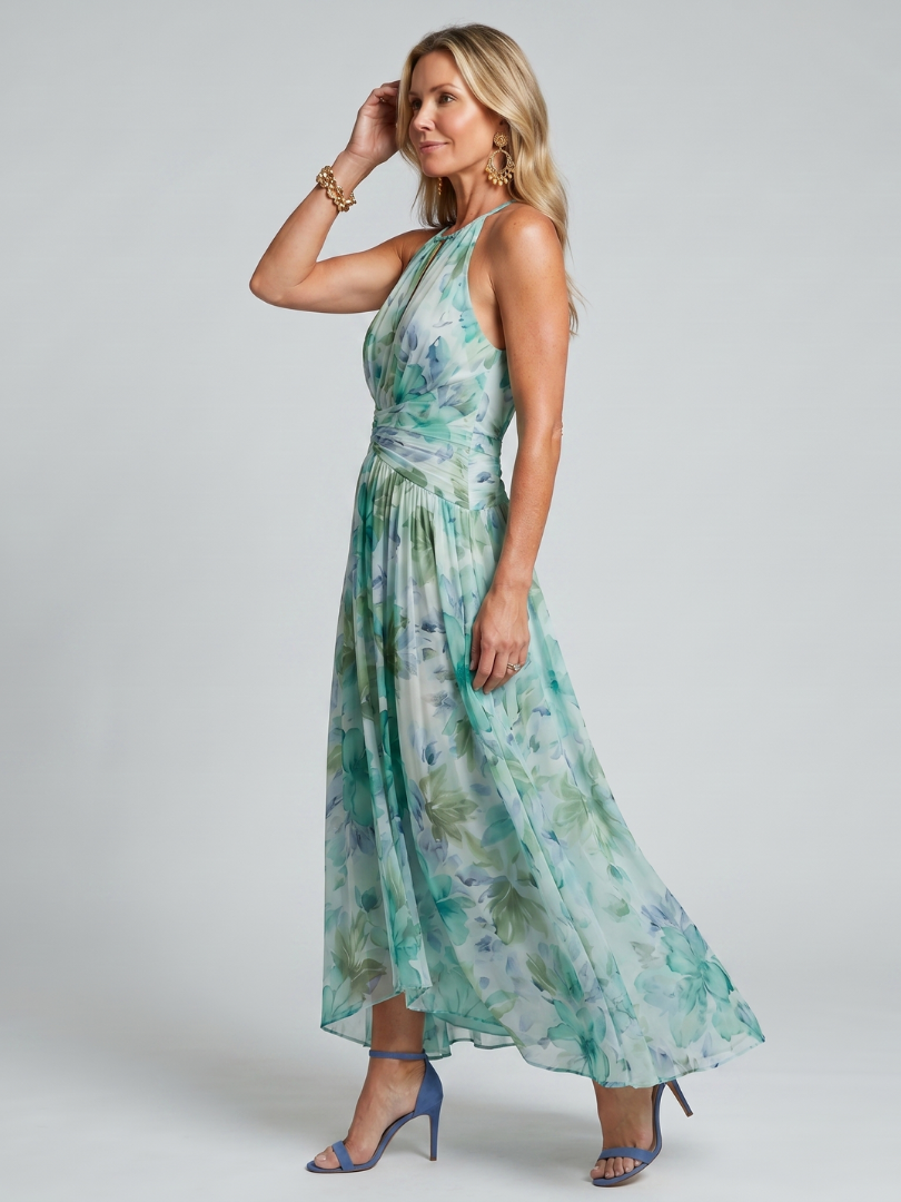 Portia | Robe longue plissée à col montant et motif floral doux