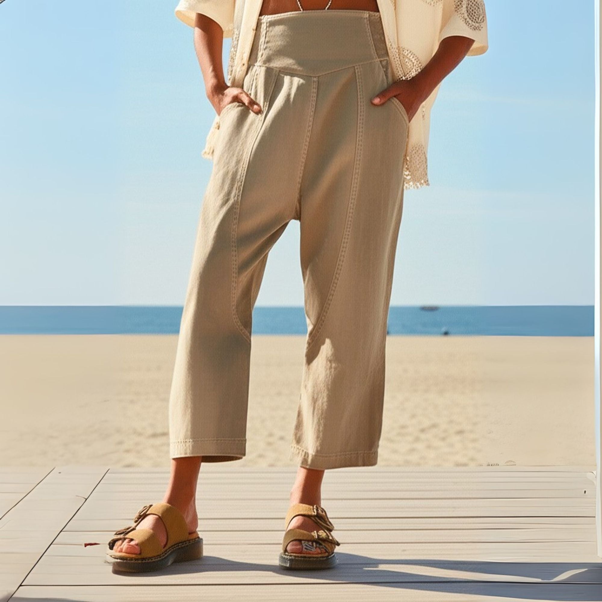 Pantalon Camille de Danoir Paris en tissu doux, coupe élégante et ajustée, porté avec une chemise blanche.