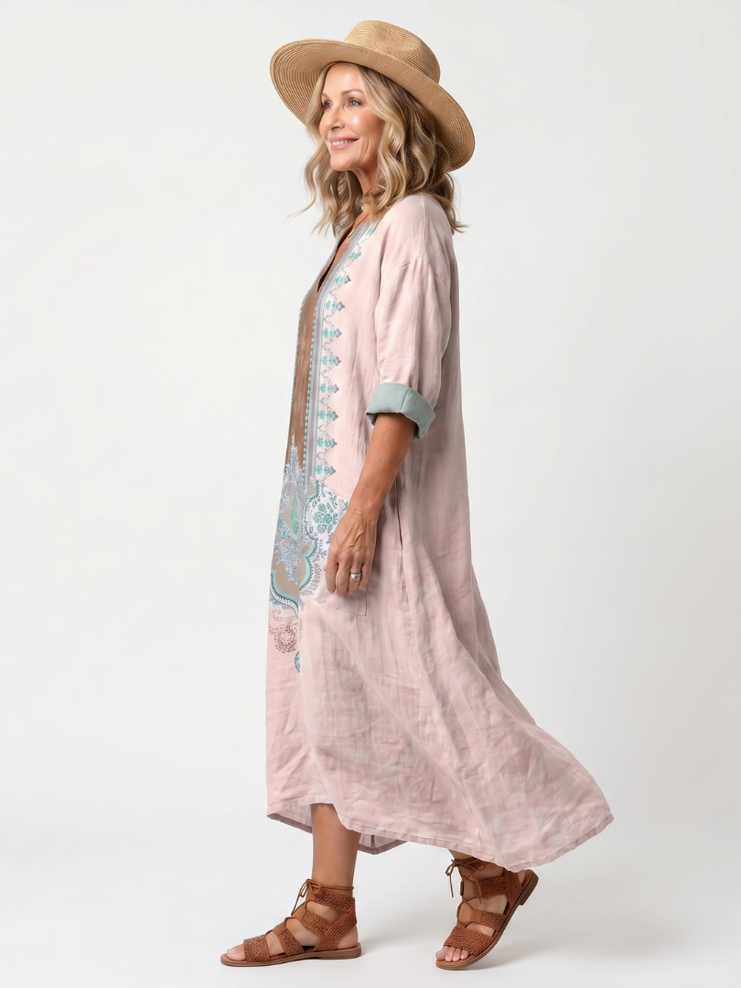 Kenza | Robe Midi Décontractée avec Panneaux Brodés et Poches