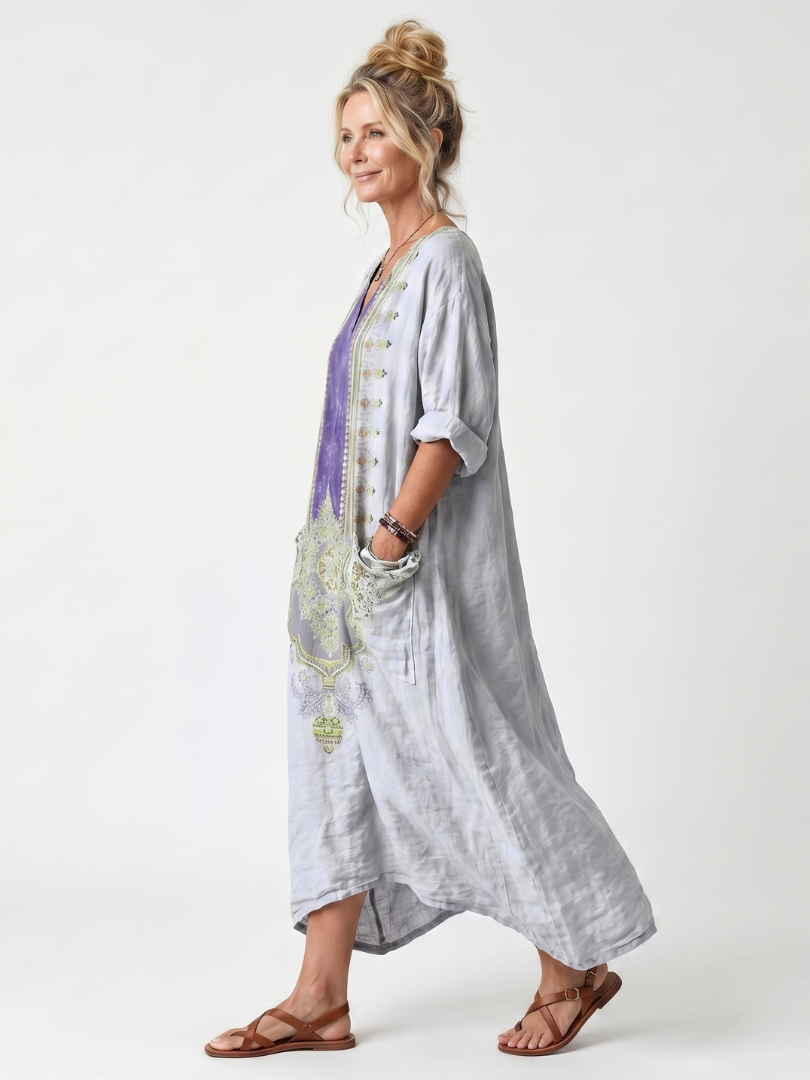 Raina | Robe midi oversize avec poches et panneau brodé contrastant
