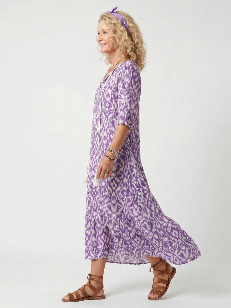 Pénélope | Robe midi à franges avec imprimé à liens