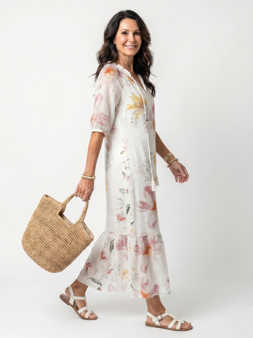 Noa | Robe Midi Florale Douce à Volants et Franges