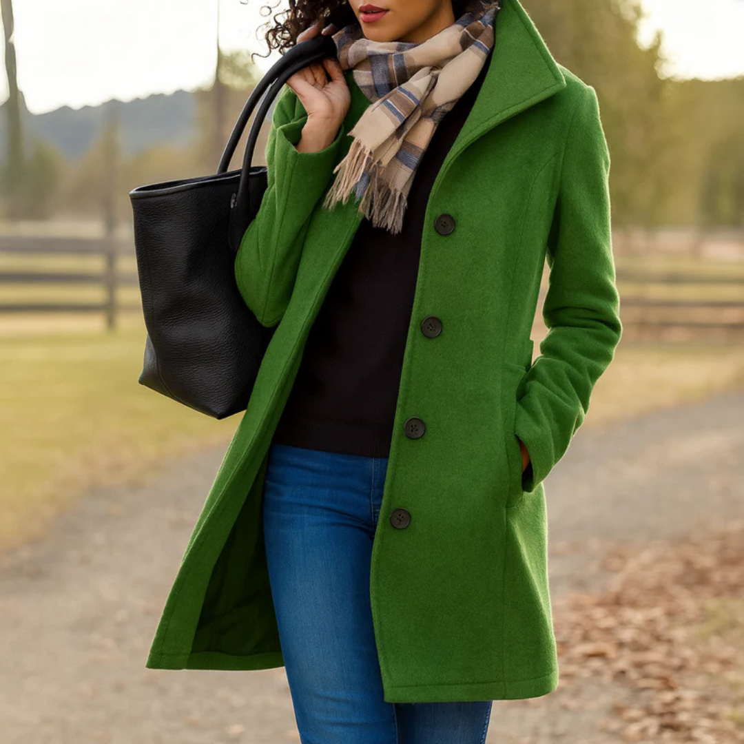 Manteau Aurora à un bouton de Danoir Paris, élégant avec fermeture simple, en tissu doux, porté sur un mannequin.