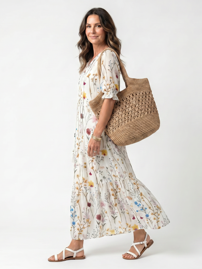 Sylvie | Robe Midi à Motif Botanique avec Franges