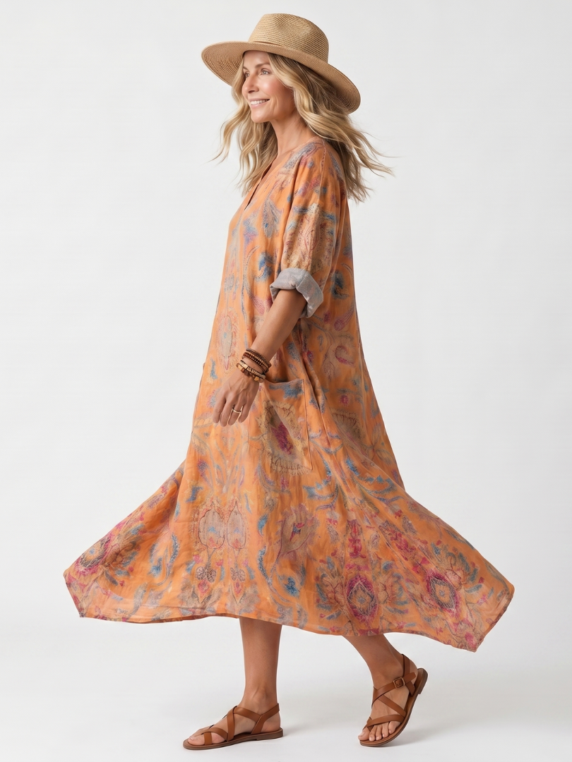 Remi | Robe Midi Imprimée Oversize à Col Notch avec Poches