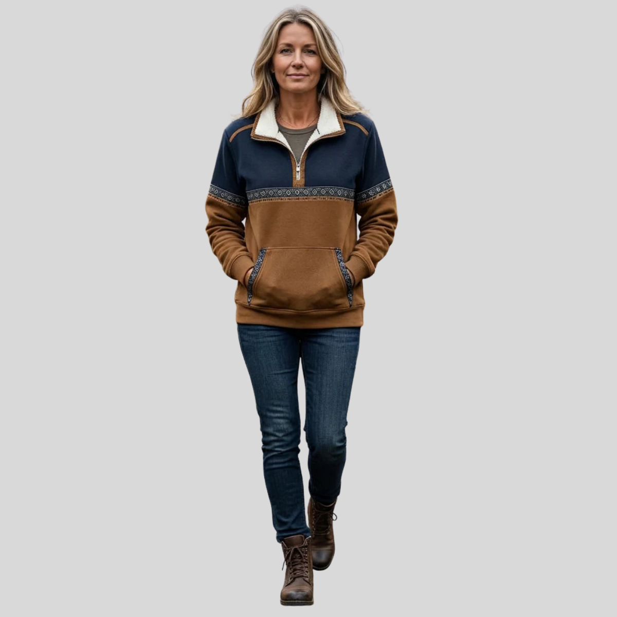 Pull à col Sherpa Danoir Paris Esme, pull à demi-zip confortable en tissu doux, porté sur un mannequin.