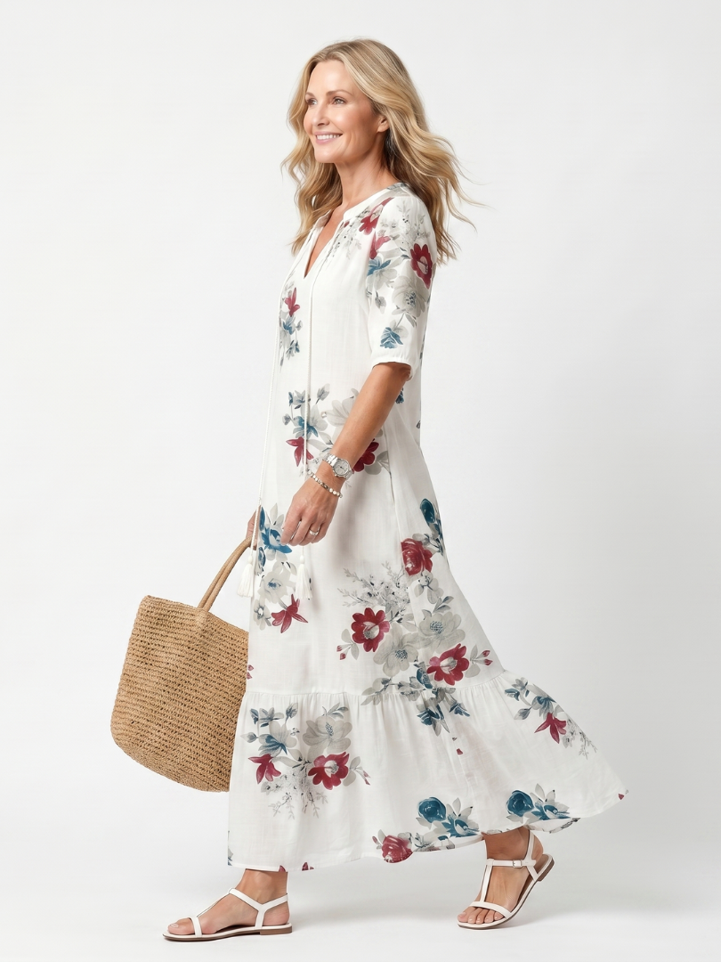 Maeva | Robe Midi à Fleurs Dispersées avec Franges