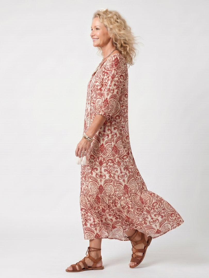 Noelle | Robe Midi à Motif Ornamental avec Franges et Liens