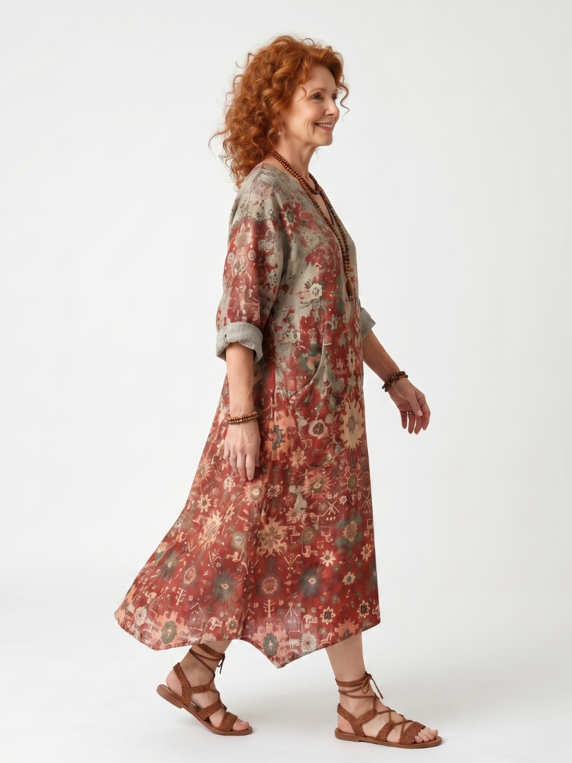 Safran | Robe midi décontractée avec poches et motifs variés