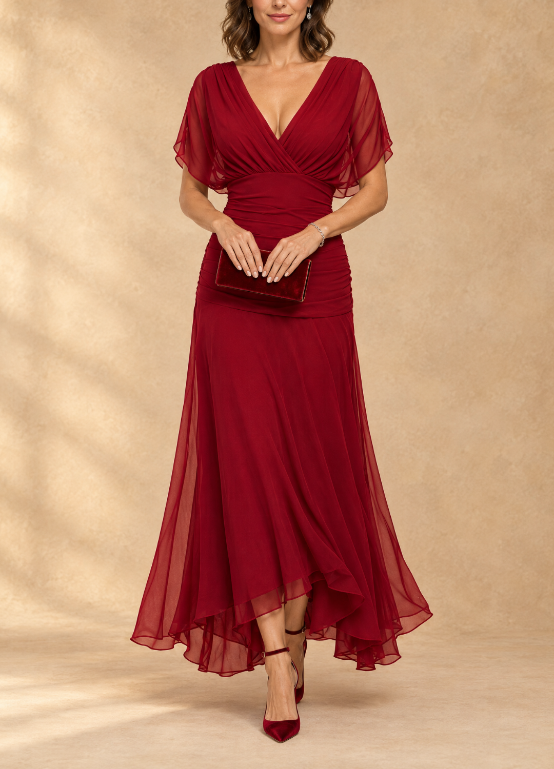 Robe maxi de soirée Danoir Paris Emma, robe longue drapée à col V, en tissu élégant et fluide, portées pour une occasion spéciale