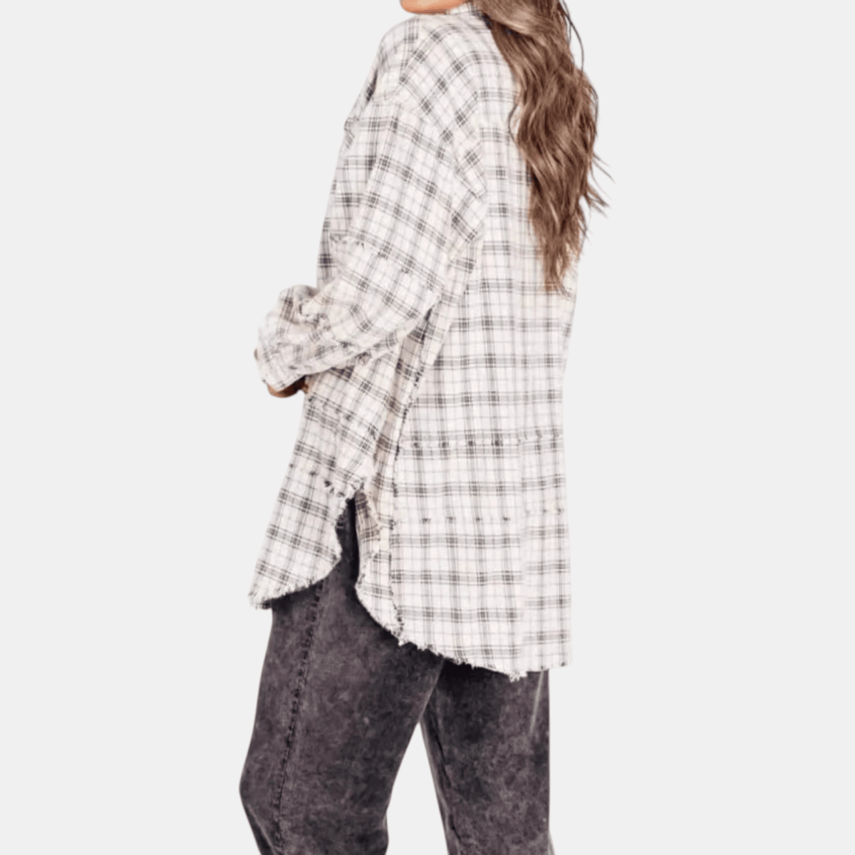 Chemise en flanelle à ourlet brut pour femmes, blouse longue à coupe oversize