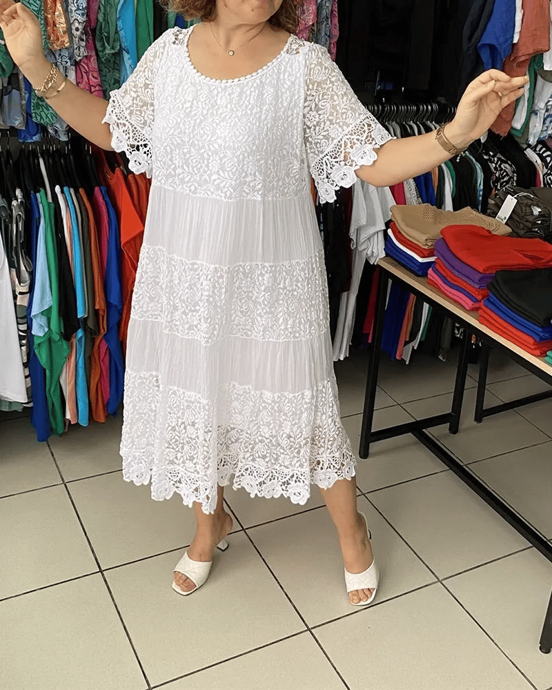 ANABEL | WHITE LACE TIERED MIDI DRESS