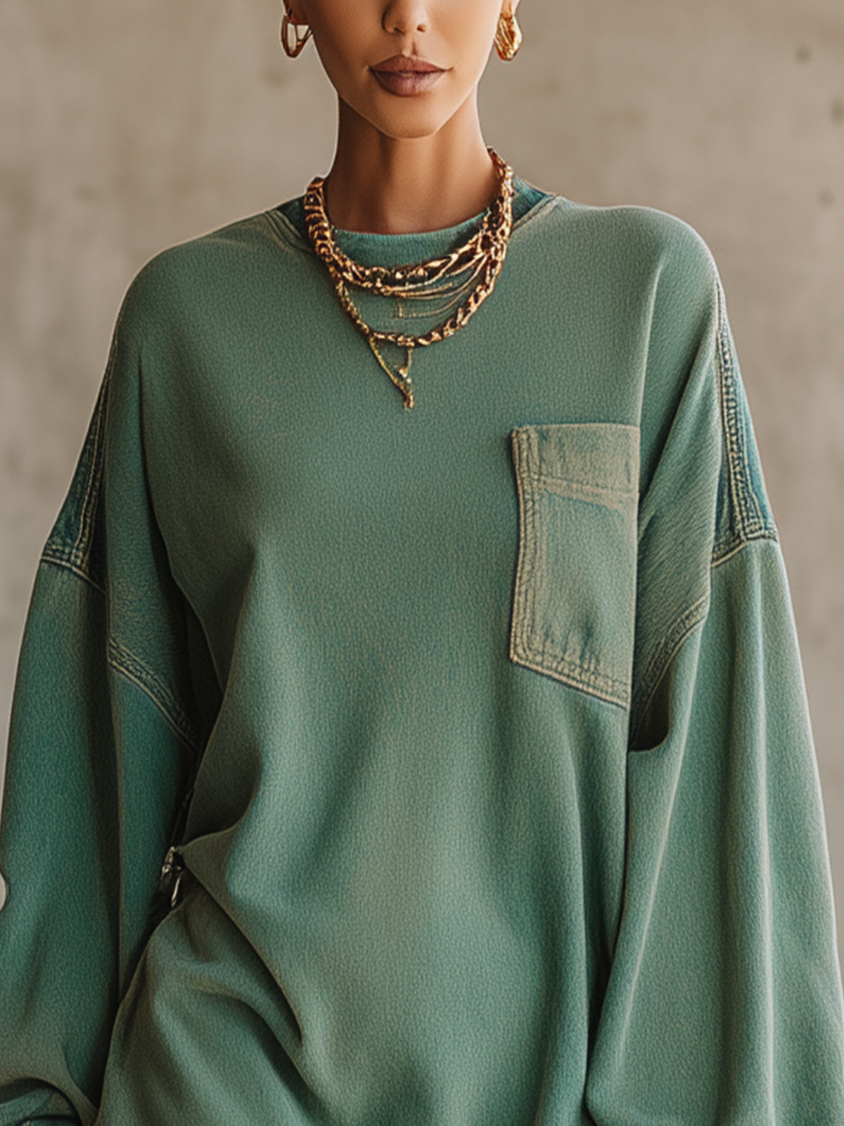 Robe Mini Oversized en Denim Vert avec Poches et Ourlet Effiloché - Expédition en 24 Heures