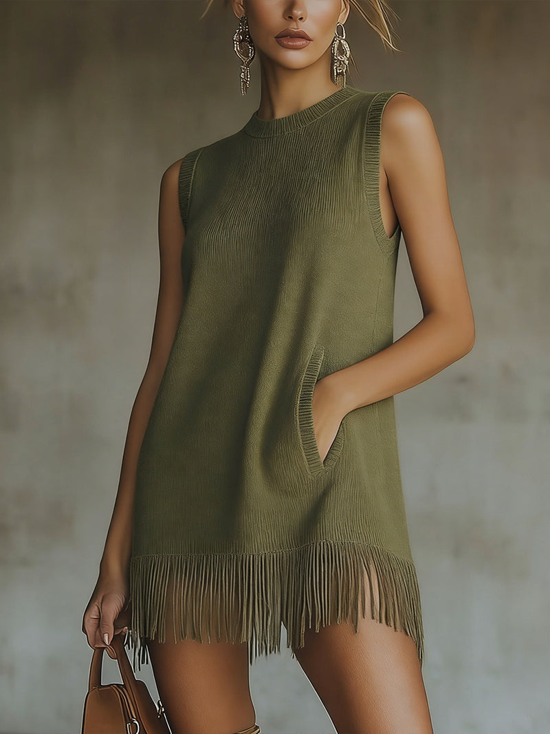 Robe Mini Tricot Sans Manches Vert Olive Avec Ourlet Frangé - Expédition en 24 Heures