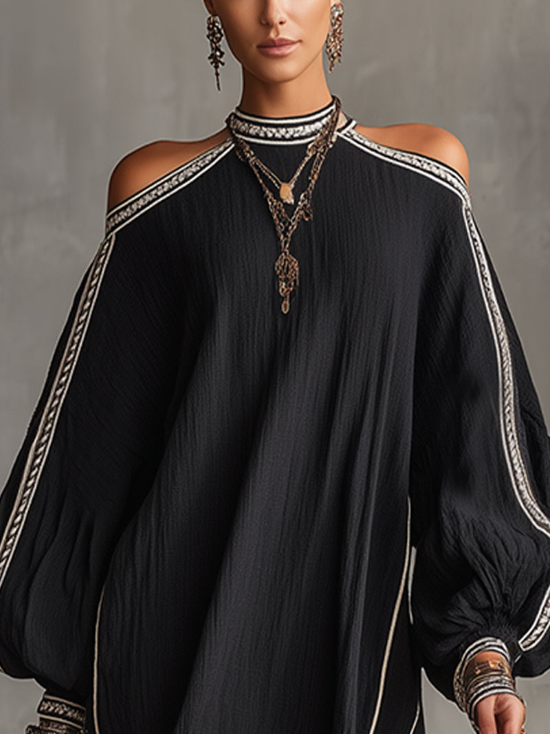Robe Mini en Lin Noir Boho à Épaules Dégagées et Manches Lanternes - Expédition en 24 Heures