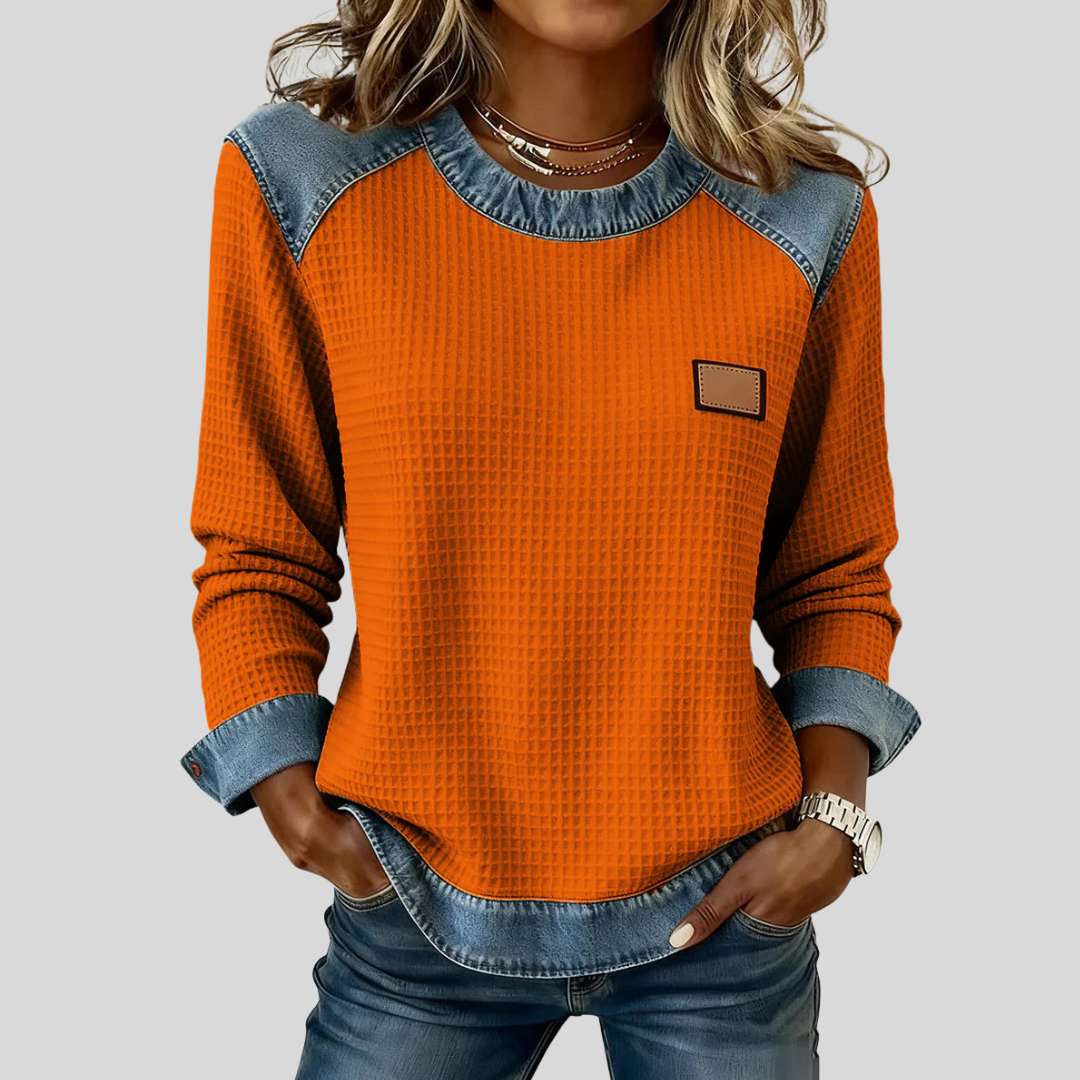 Sweat-shirt Danoir Paris Marlisa à col contrasté et texture, manches longues, couleur gris clair, style décontracté.