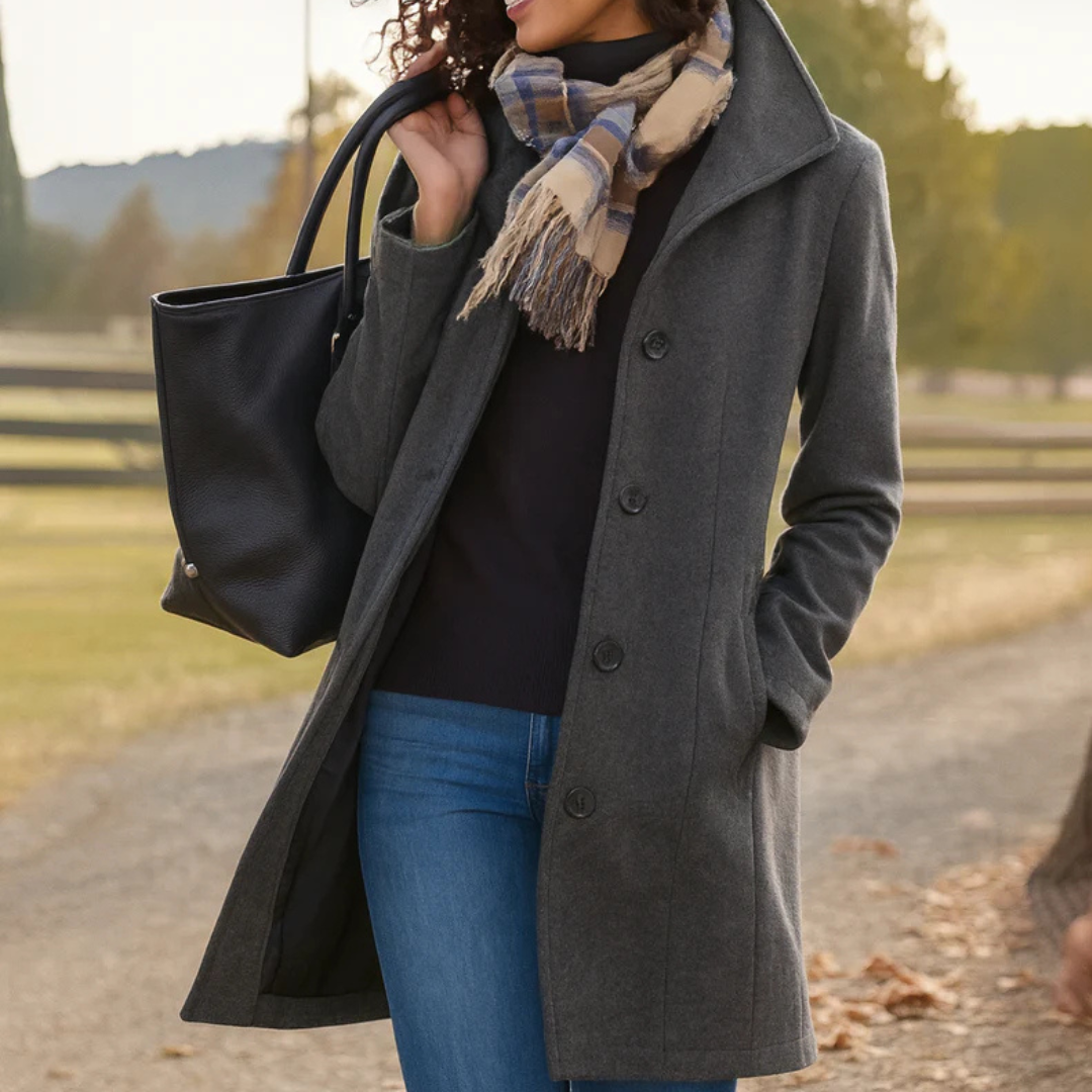 Manteau Danoir Paris Aurora à un bouton, coupe élégante, en tissu doux, porté sur un mannequin.