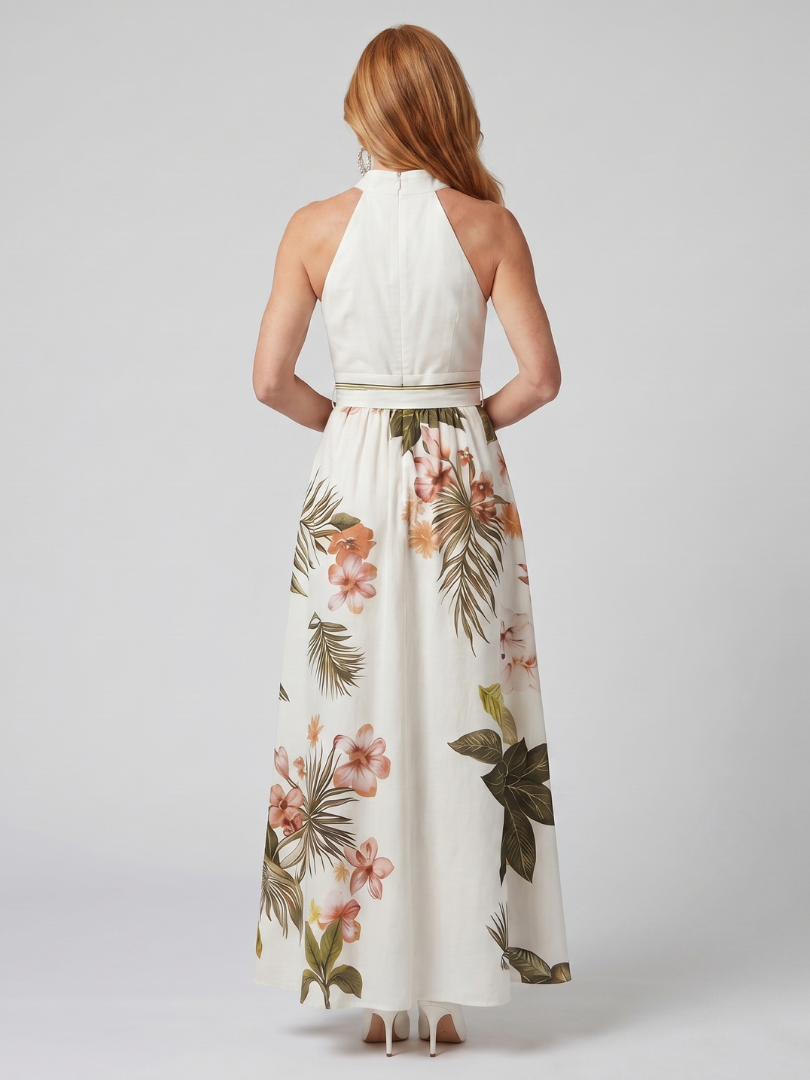 Meadow | Robe longue drapée à licou et empiècements fleuris