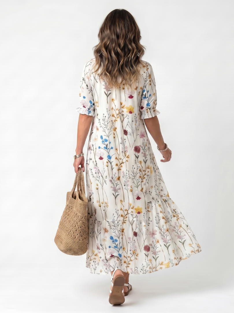 Sylvie | Robe Midi à Motif Botanique avec Franges