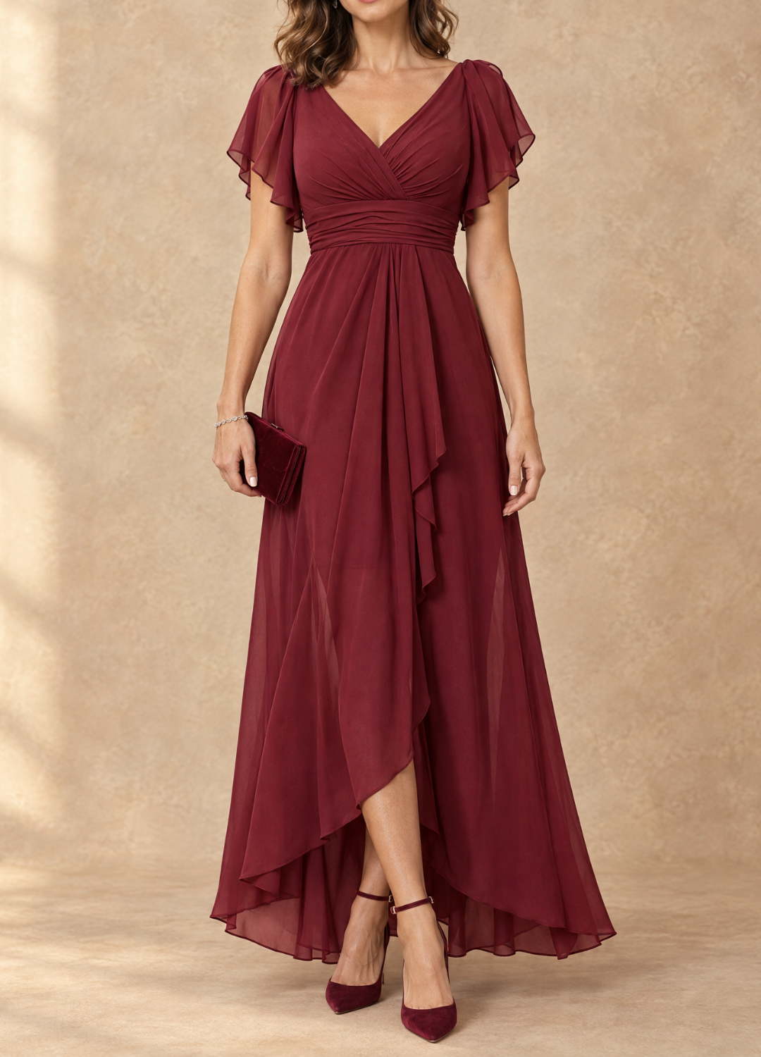 Robe maxi en chiffon Danoir Paris avec manches volantes, style haute-basse, élégante et fluide, pour femme.