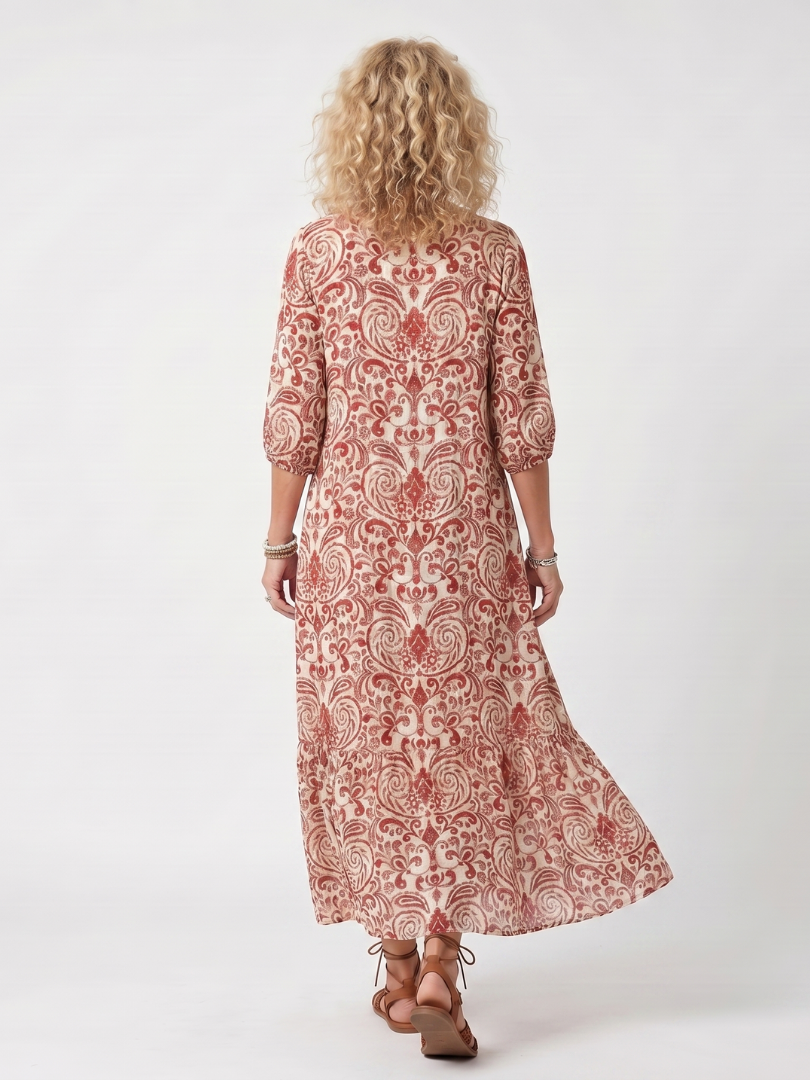 Noelle | Robe Midi à Motif Ornamental avec Franges et Liens