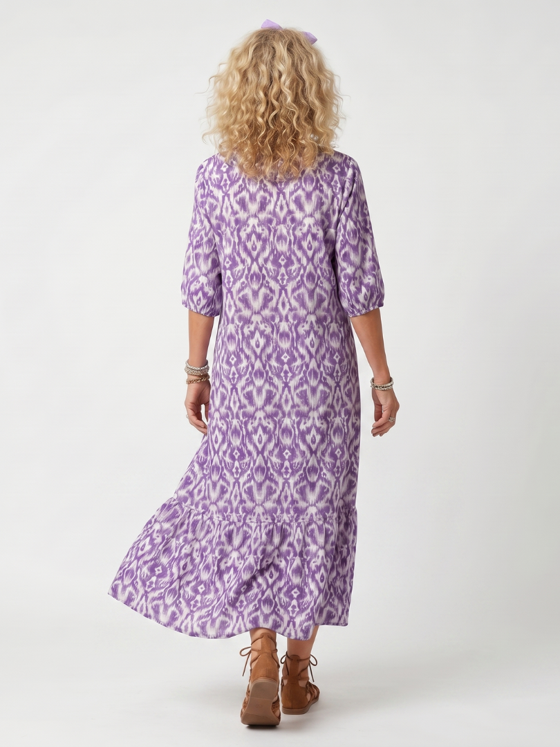 Pénélope | Robe midi à franges avec imprimé à liens