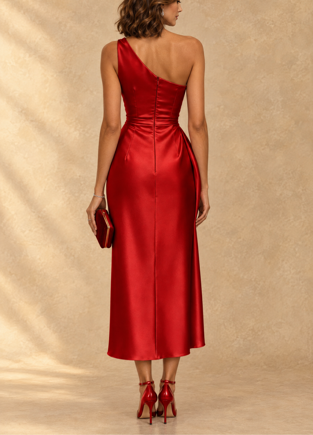 Robe midi satinée Danoir Paris Diane à épaule dénudée, élégante et fluide, avec décolleté nu et coupe moderne.