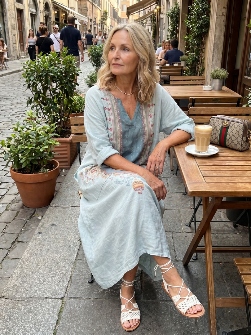 Kassiani | Robe midi brodée avec poches surdimensionnées et panneau décoratif