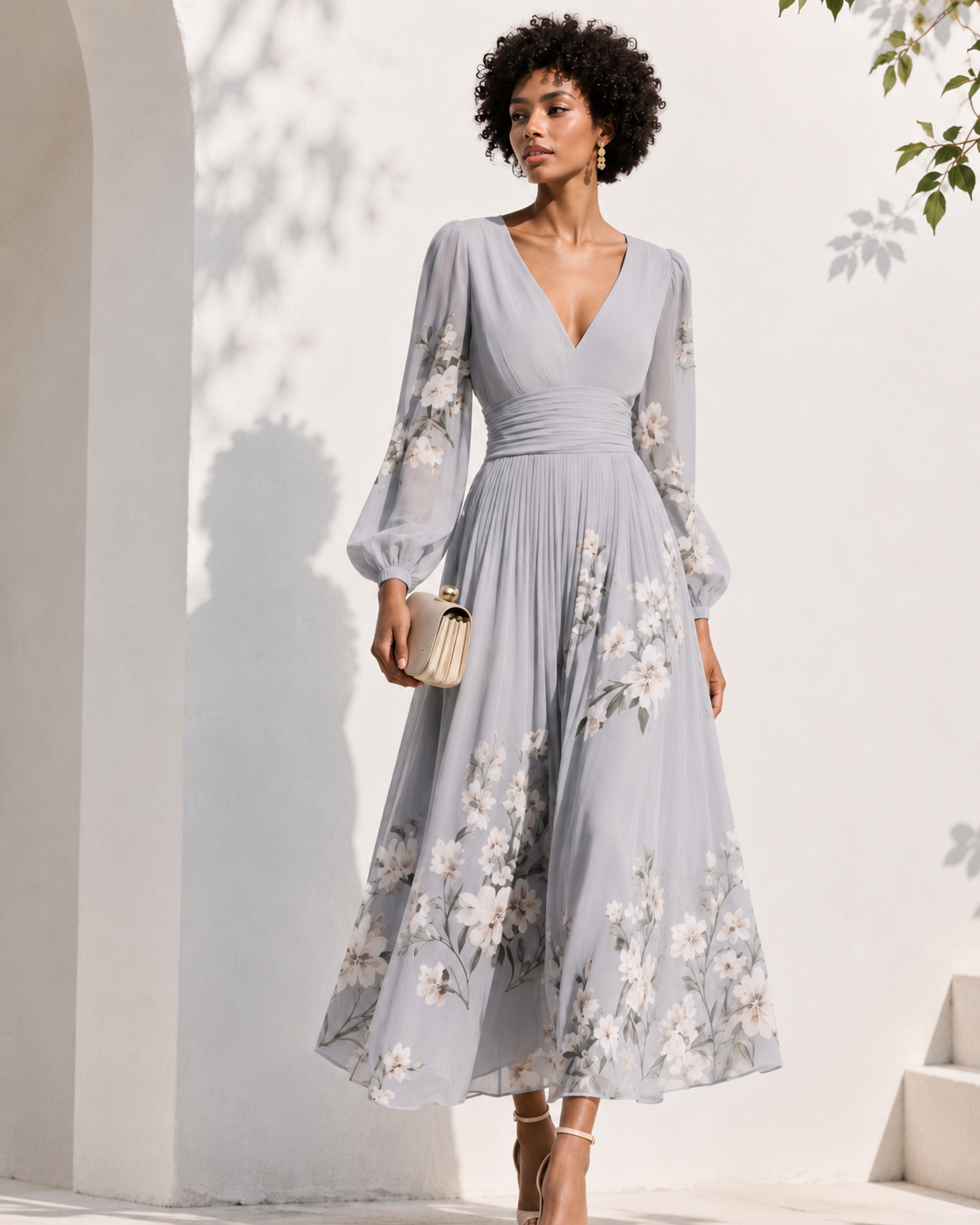 Robe longue élégante pour femme Danoir Paris avec décolleté en V profond et manches longues, tissu fluide et sophistiqué.