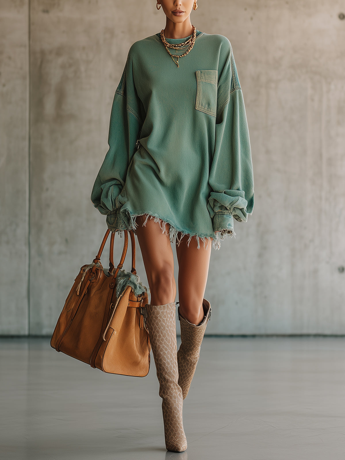 Robe Mini Oversized en Denim Vert avec Poches et Ourlet Effiloché - Expédition en 24 Heures