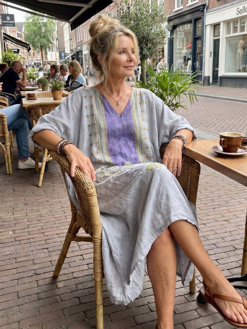 Raina | Robe midi oversize avec poches et panneau brodé contrastant