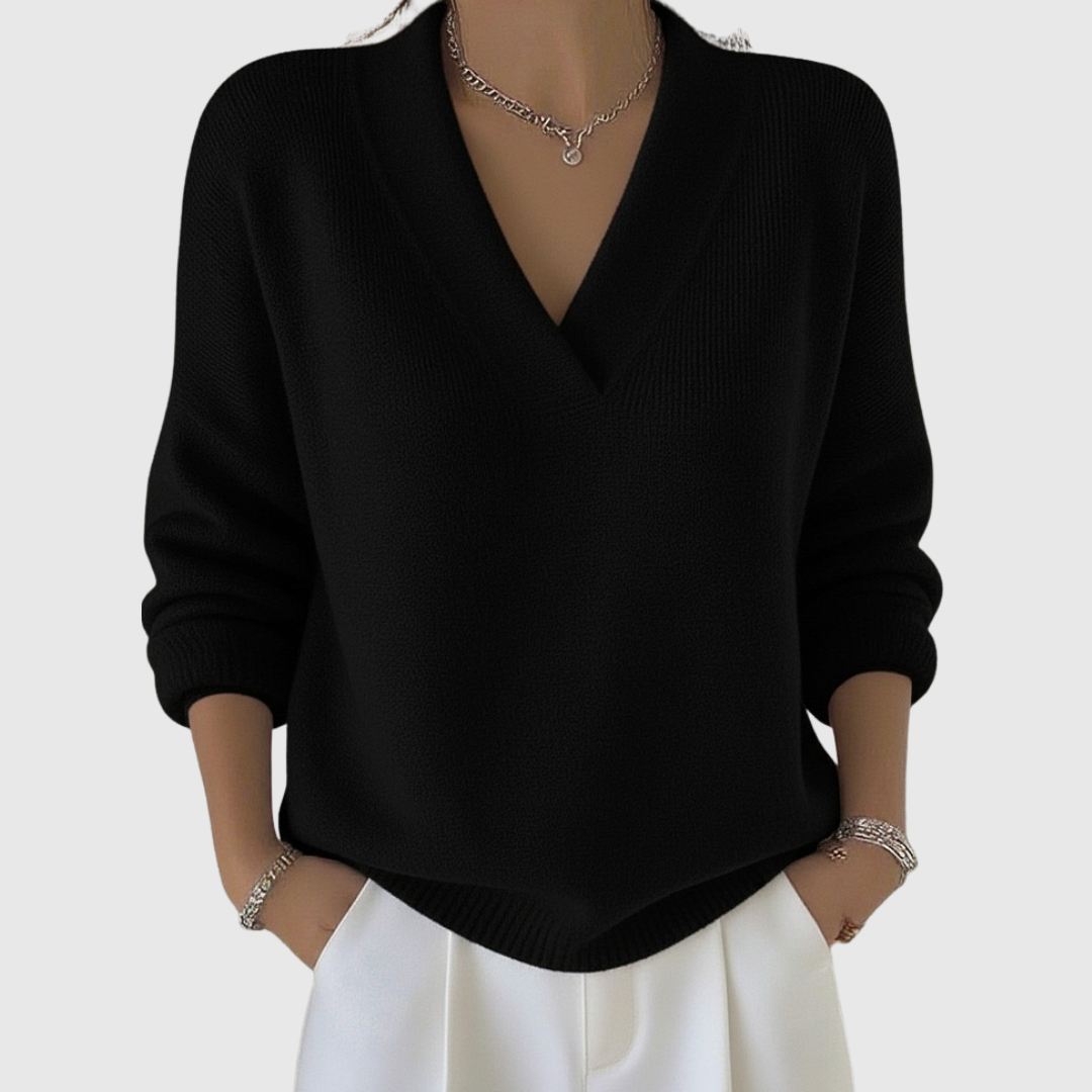 Pull à col V doux Danoir Paris, coupe décontractée, en tissu confortable, porté en style décontracté.