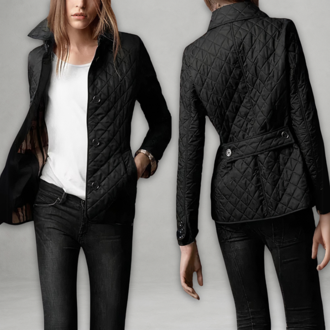 Veste d'automne Jennifer de Danoir Paris, en tissu chaud avec col et boutons, portée par un mannequin.