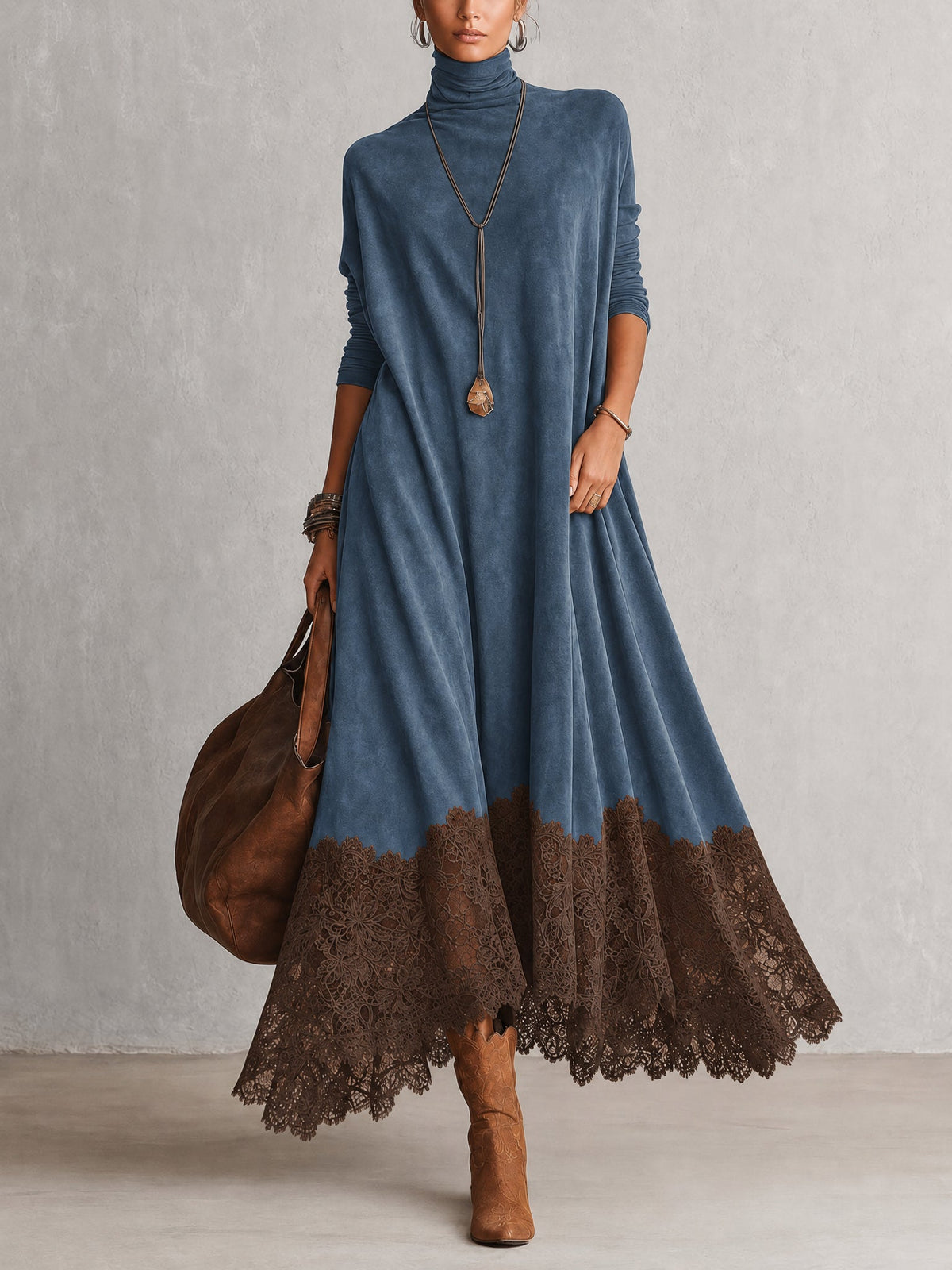 Robe Maxi Longue à Manches Longues en Suédine Marron Vintage